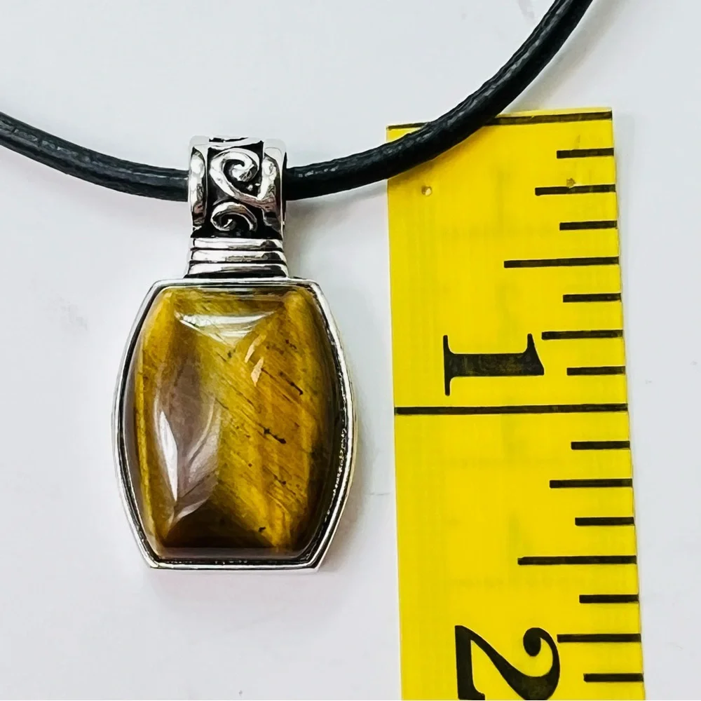 Lia Sophia Tiger Eye Pendant Necklace | Leather Cord Silver Plated | 19”